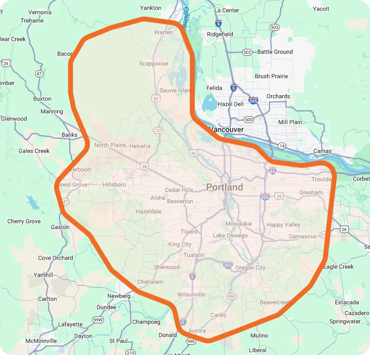 A map with an orange outline highlights 3 Mountains Home Services’ service area in Portland, Vancouver, and nearby cities.