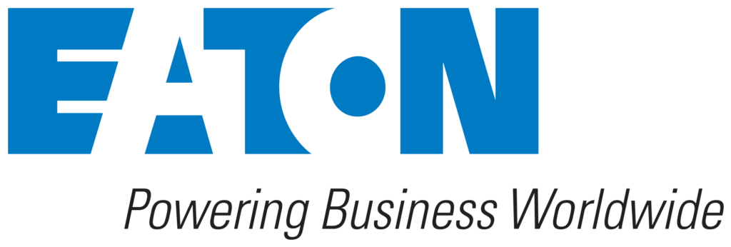 Eaton logo in bold blue capitals, with "Powering Business Worldwide" in sleek black italics beneath—reflecting trusted service.