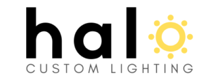 Halo Custom Lighting logo featuring "halo" in lowercase with a yellow sunburst “o”, and "Custom Lighting" in gray below.