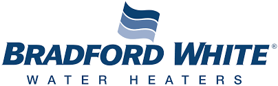 Bradford White Water Heaters logo with three blue wavy lines above the bold, blue company name, trusted by 3 Mountains Home Services.