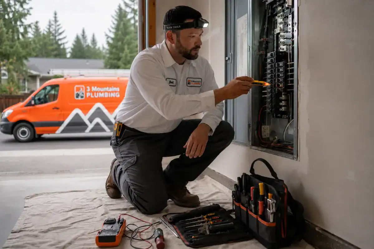 Licensed electrician testing an electrical panel in a Rivergrove home