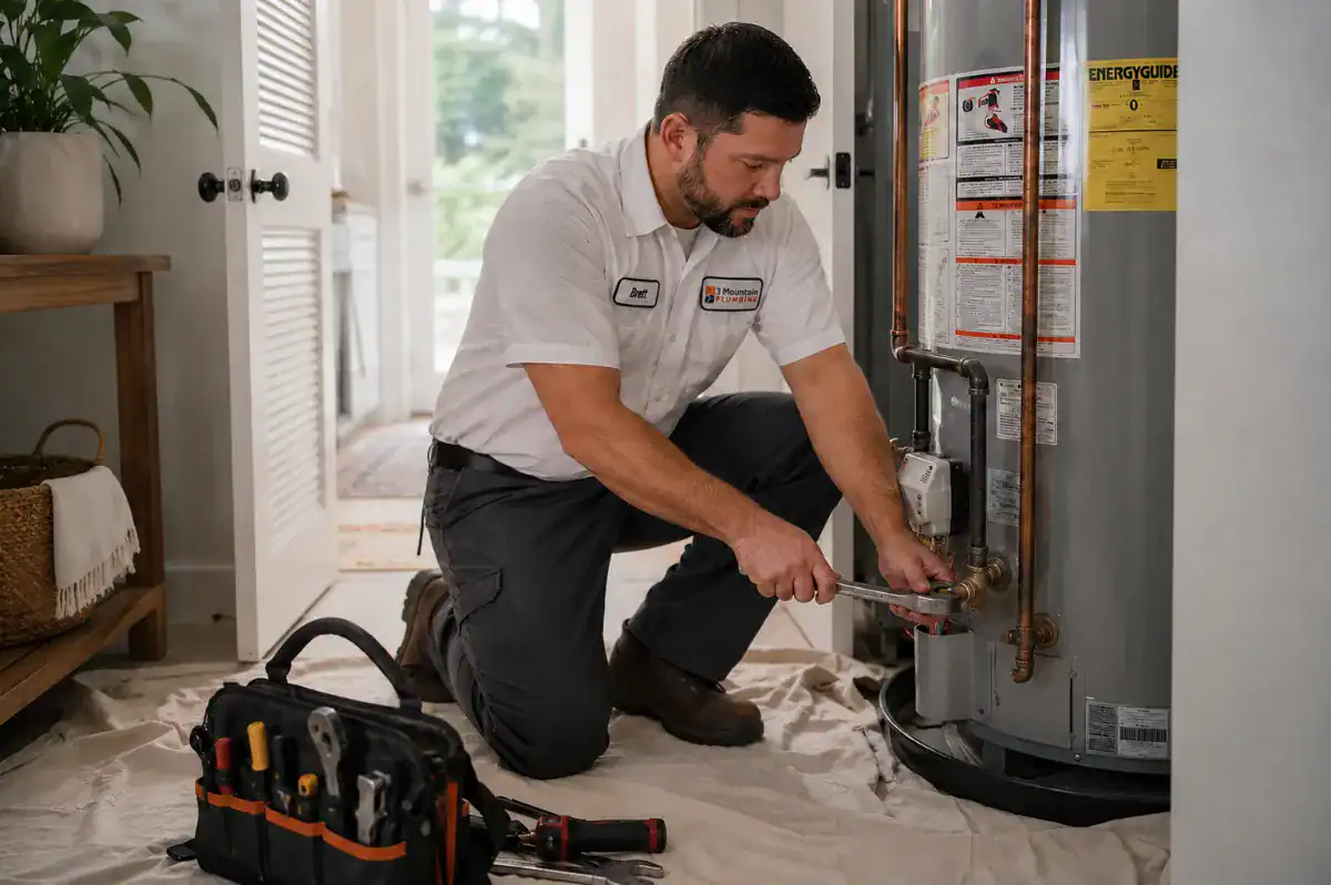 Licensed plumber repairing a water heater in a Rivergrove home