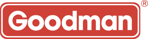 The red Goodman logo features bold white text centered inside a rounded rectangle, with a registered trademark symbol in the top right corner—representing trusted equipment often used by the 3 Mountains Home Services team.