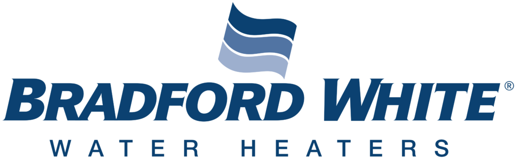 The Bradford White Water Heaters logo features a sleek blue wave symbol above the company name written in bold blue letters, representing quality water heater solutions trusted by 3 Mountains Home Services.