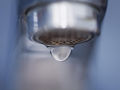 A close up picture of a faucet with one drop almost ready to fall.